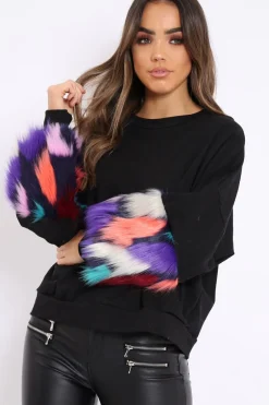 Rebellious Fashion Black Sweatshirt with Multicolour Fur Sleeves - Loise