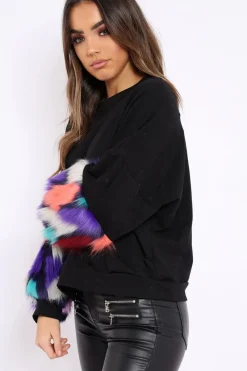 Rebellious Fashion Black Sweatshirt with Multicolour Fur Sleeves - Loise