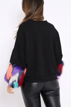 Rebellious Fashion Black Sweatshirt with Multicolour Fur Sleeves - Loise