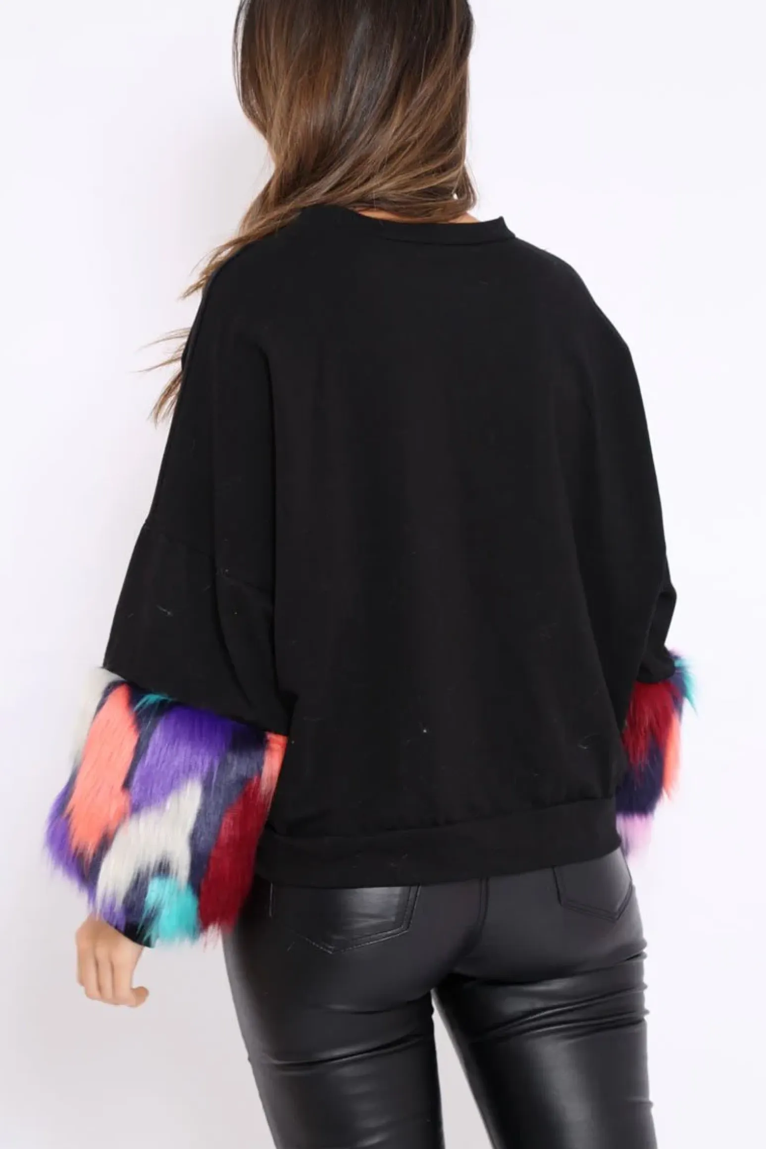 Rebellious Fashion Black Sweatshirt with Multicolour Fur Sleeves - Loise