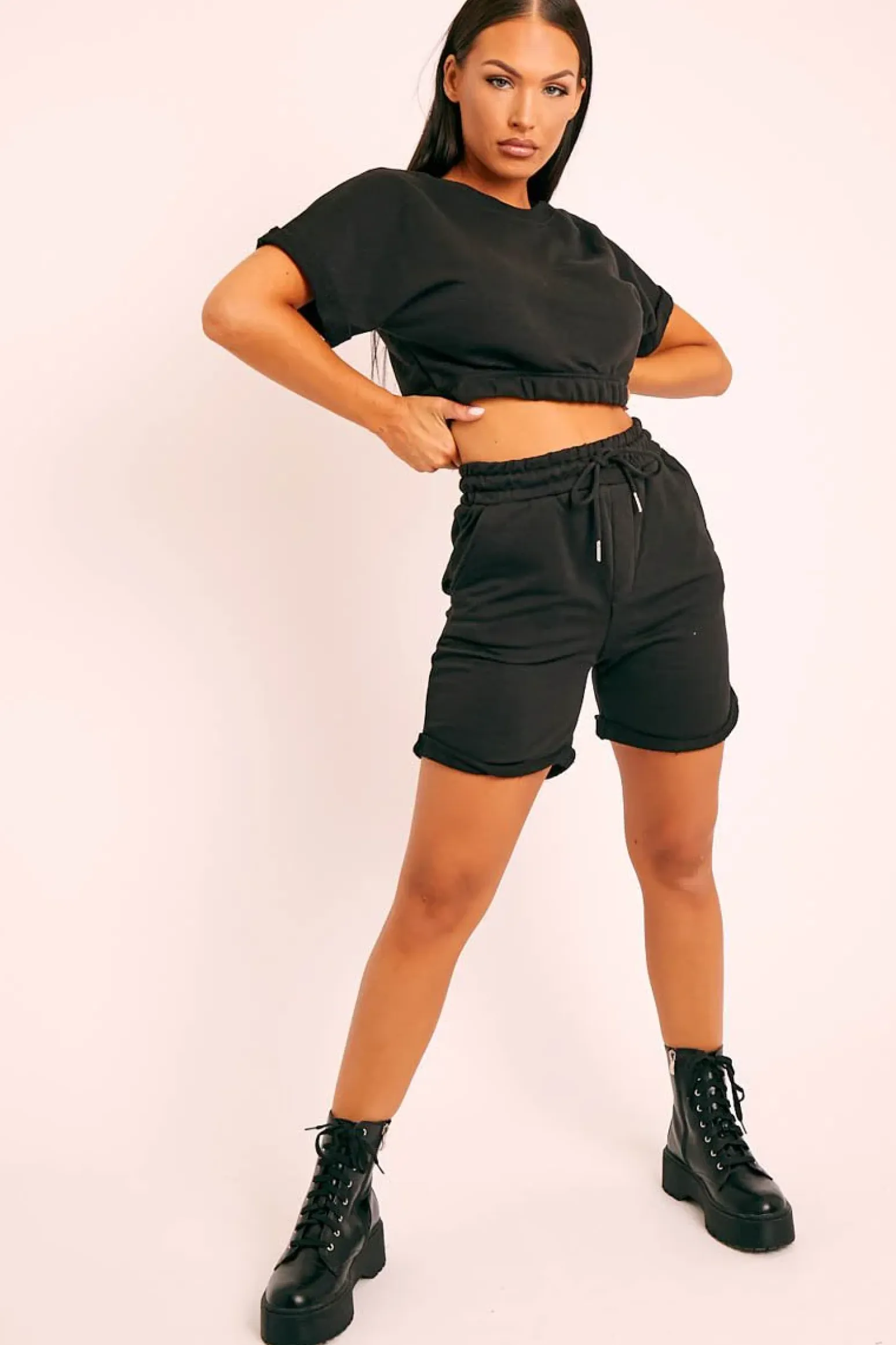 Rebellious Fashion Black Sweat Top Shorts Loungewear Co-ord - Indee