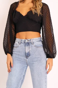 Rebellious Fashion Black Swiss Dot Frill Trim Crop Top - Mena