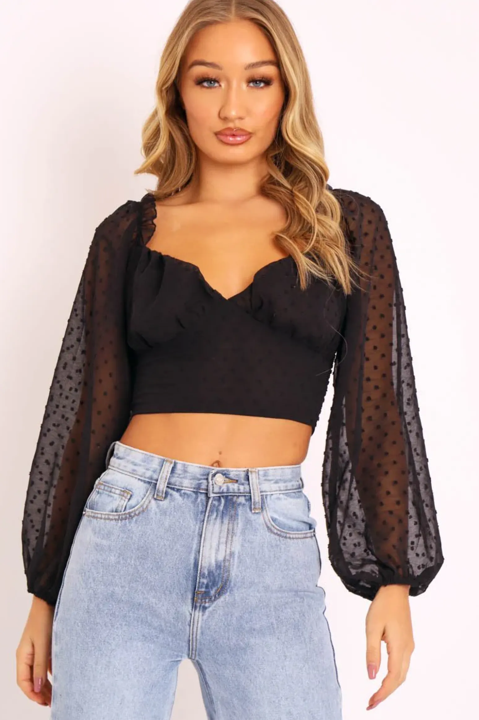 Rebellious Fashion Black Swiss Dot Frill Trim Crop Top - Mena
