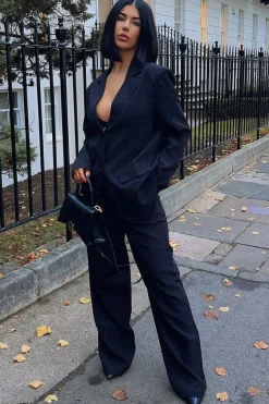 Rebellious Fashion Black Tailored Blazer & Wide Leg Trouser Set - Casidi