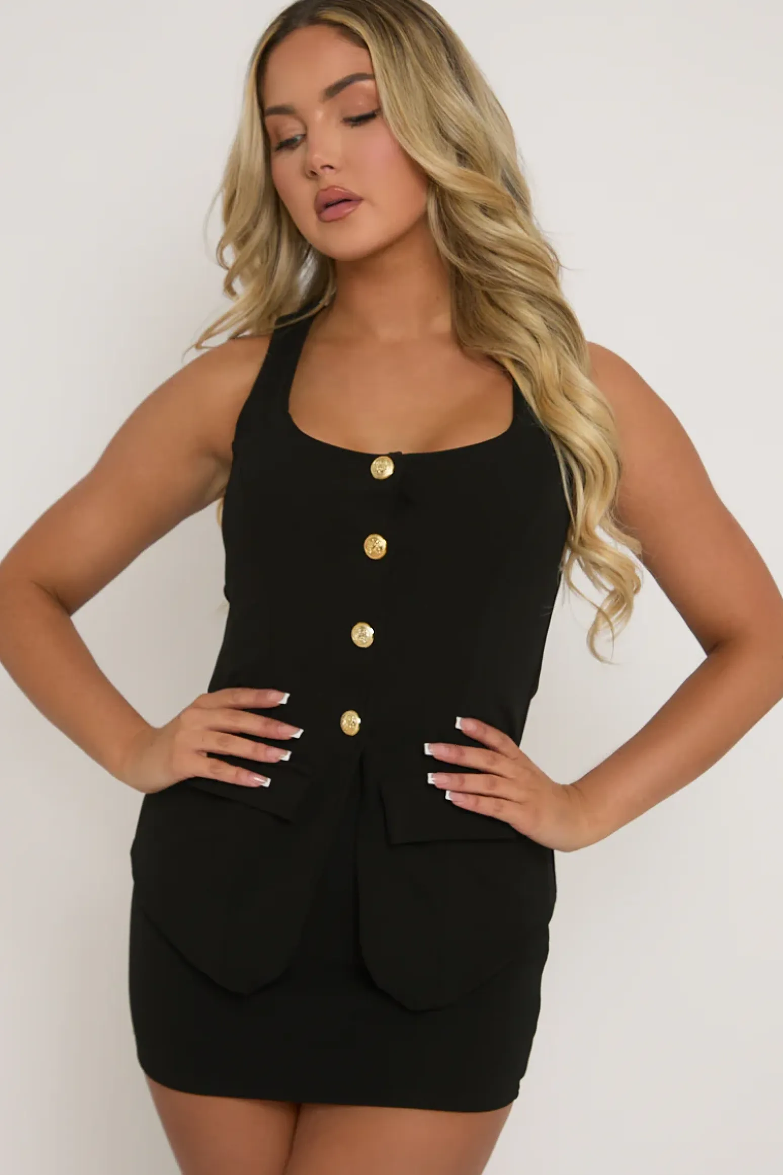 Rebellious Fashion Black Tailored Waistcoat and Skirt Co-ord Set - Louella