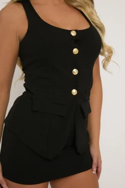 Rebellious Fashion Black Tailored Waistcoat and Skirt Co-ord Set - Louella