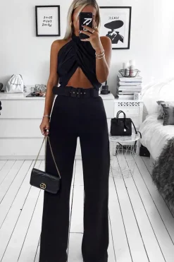 Rebellious Fashion Black Tailored Wide Leg Belted Trousers - Chenelle