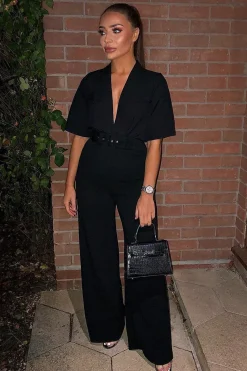 Rebellious Fashion Black Tailored Wide Leg Belted Trousers - Chenelle