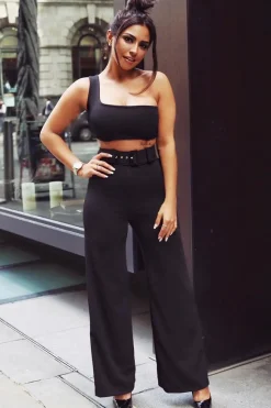 Rebellious Fashion Black Tailored Wide Leg Belted Trousers - Chenelle
