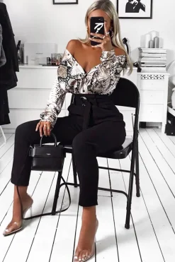 Rebellious Fashion Black Tapered Belted Cigarette Trousers - Myasia