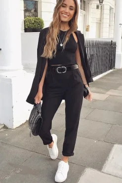 Rebellious Fashion Black Tapered Belted Cigarette Trousers - Myasia