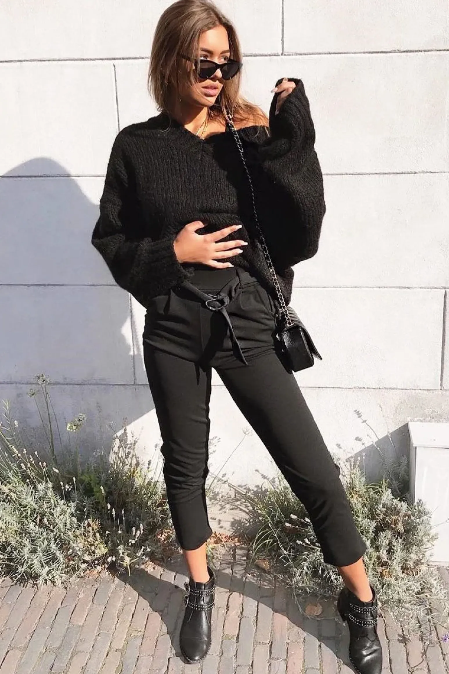 Rebellious Fashion Black Tapered Belted Cigarette Trousers - Myasia