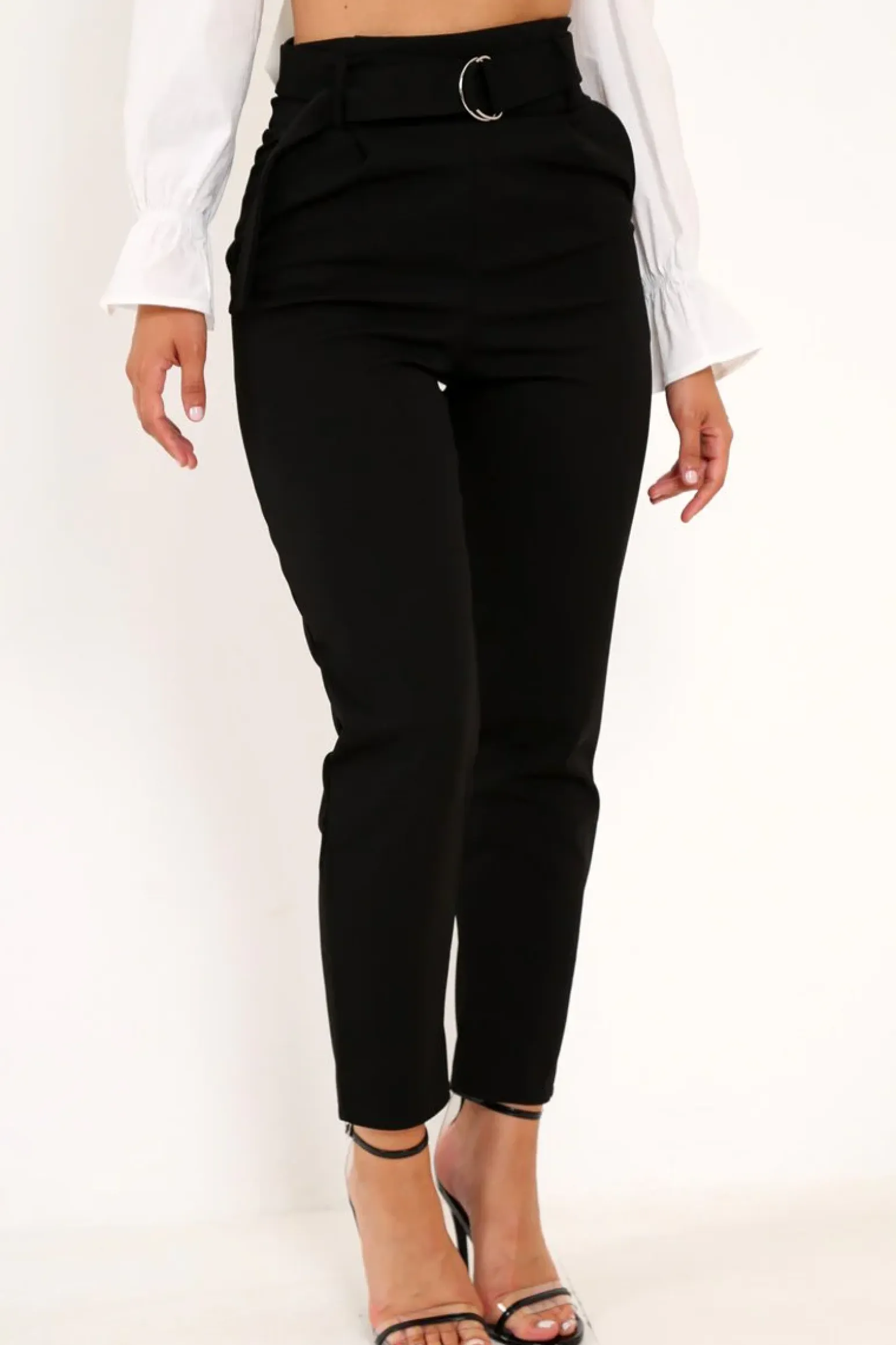 Rebellious Fashion Black Tapered Belted Cigarette Trousers - Myasia