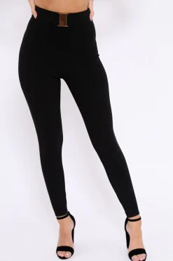Rebellious Fashion Black Tapered Trousers With Gold Buckle - Zyana