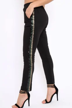 Rebellious Fashion Black Tapered Trousers with Khaki and Gold Sequin Side Stripes - Halli