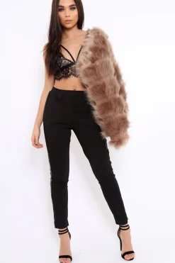 Rebellious Fashion Black Tapered Trousers with Khaki and Gold Sequin Side Stripes - Halli