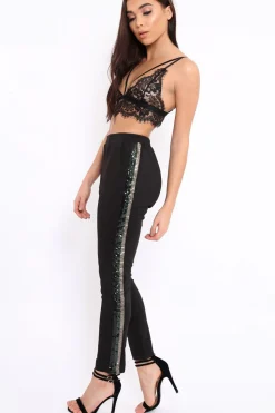 Rebellious Fashion Black Tapered Trousers with Khaki and Gold Sequin Side Stripes - Halli