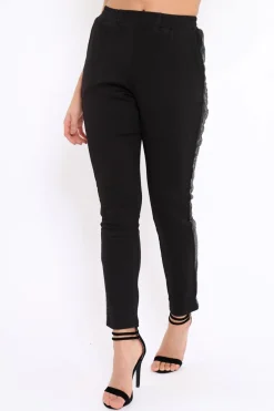 Rebellious Fashion Black Tapered Trousers with Khaki and Gold Sequin Side Stripes - Halli