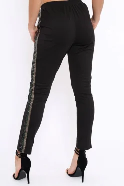 Rebellious Fashion Black Tapered Trousers with Khaki and Gold Sequin Side Stripes - Halli