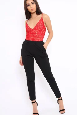 Rebellious Fashion Black Tapered Trousers with Red and Black Sequin Side Stripes - Halli