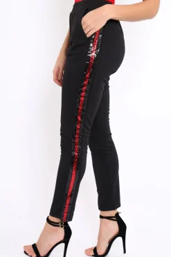 Rebellious Fashion Black Tapered Trousers with Red and Black Sequin Side Stripes - Halli
