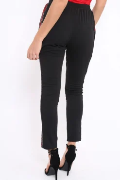 Rebellious Fashion Black Tapered Trousers with Red and Black Sequin Side Stripes - Halli