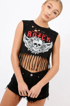 Rebellious Fashion Black Tassel Cropped Distressed Rock Tee - Celia