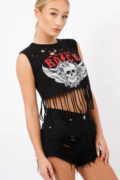 Rebellious Fashion Black Tassel Cropped Distressed Rock Tee - Celia
