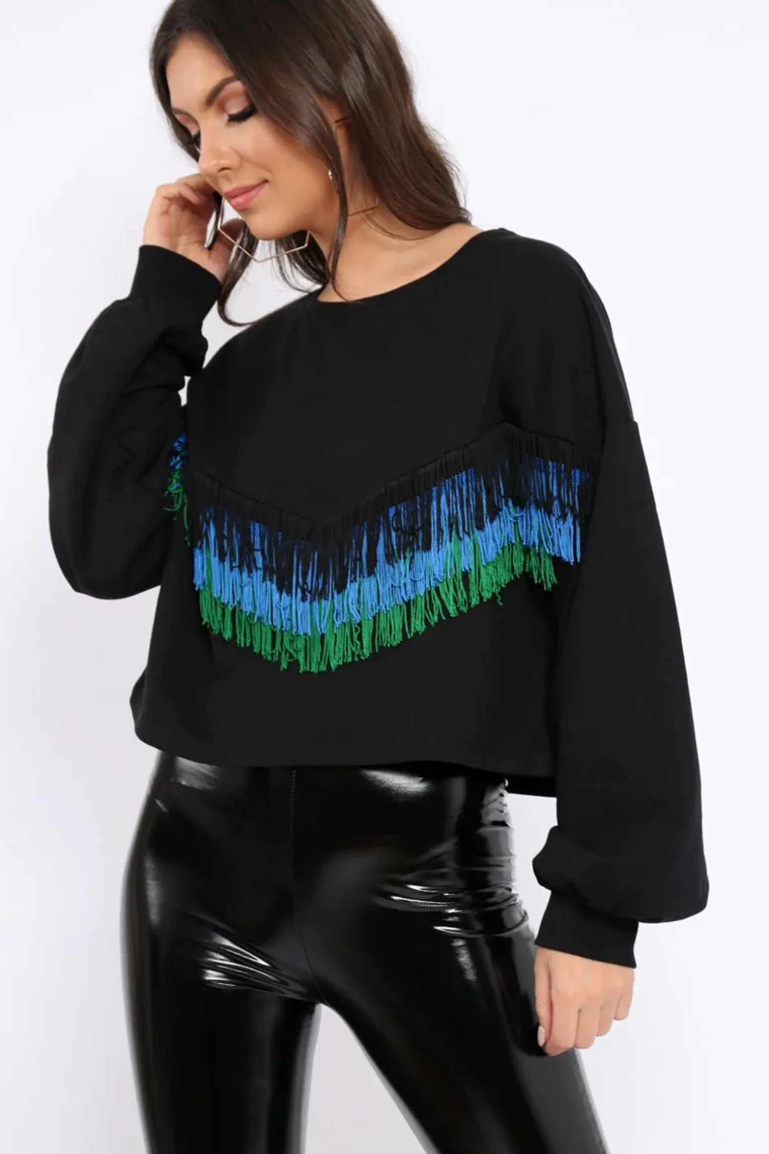 Rebellious Fashion Black Tassel Front Cropped Jumper - Cosima