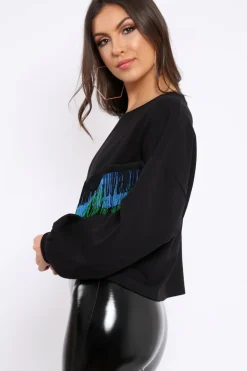 Rebellious Fashion Black Tassel Front Cropped Jumper - Cosima