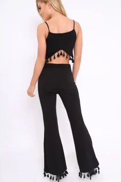 Rebellious Fashion Black Tassel Hem Co-ord Set - Kaylyn