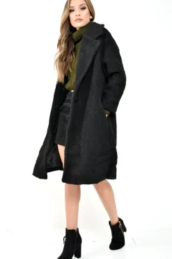 Rebellious Fashion Black Teddy Long Double Breasted Coat - Miriam
