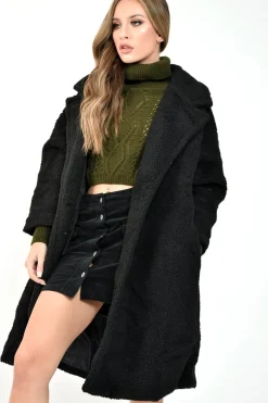 Rebellious Fashion Black Teddy Long Double Breasted Coat - Miriam