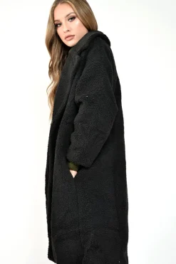 Rebellious Fashion Black Teddy Long Double Breasted Coat - Miriam