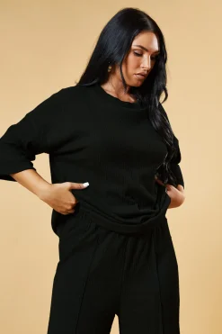 Rebellious Fashion Black Textured Knit Trousers & Oversized Top Co-ord Set - Cecelia