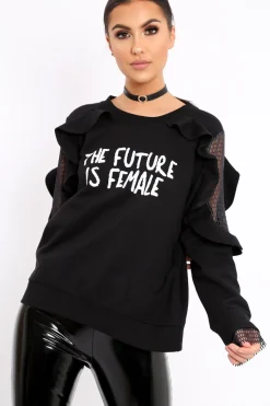 Rebellious Fashion Black The Future Is Female Fishnet Frill Jumper - Jaeonna