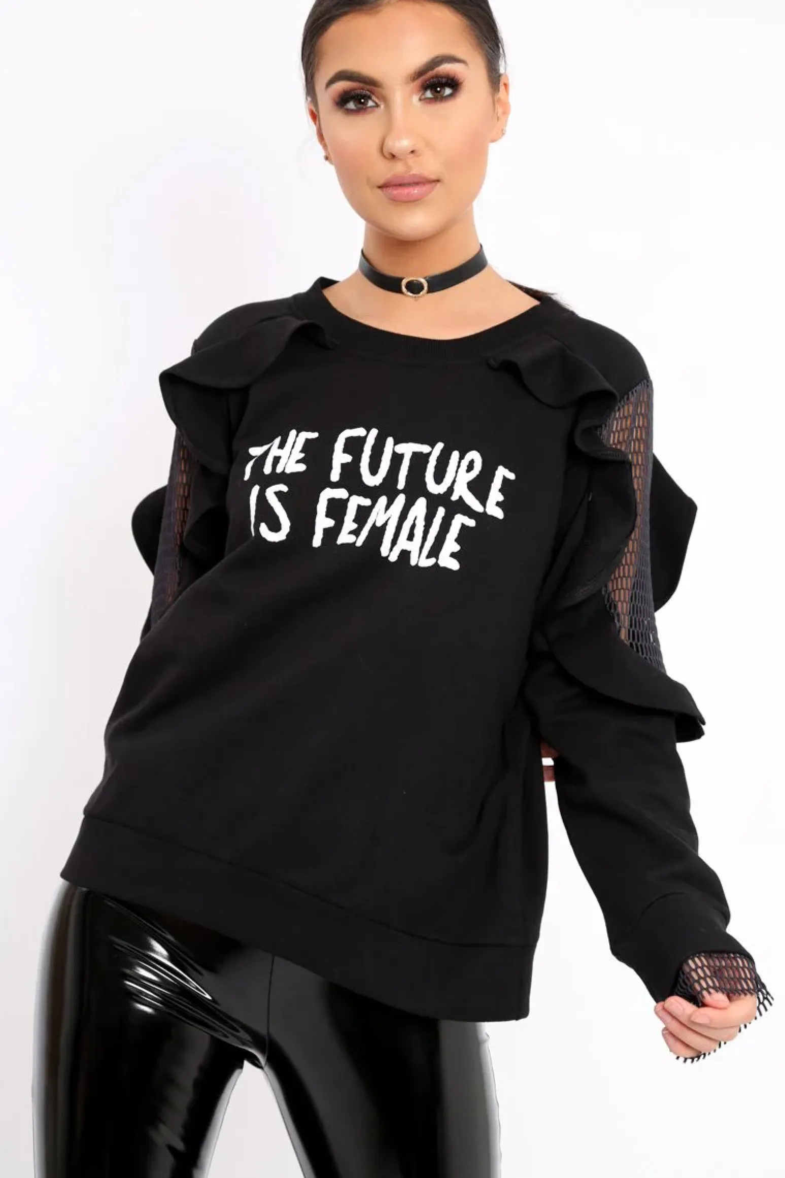Rebellious Fashion Black The Future Is Female Fishnet Frill Jumper - Jaeonna