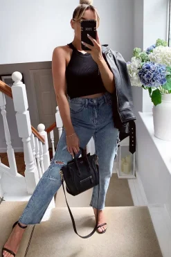 Rebellious Fashion Black Thick Rib Halter Neck Crop Top - Aariella