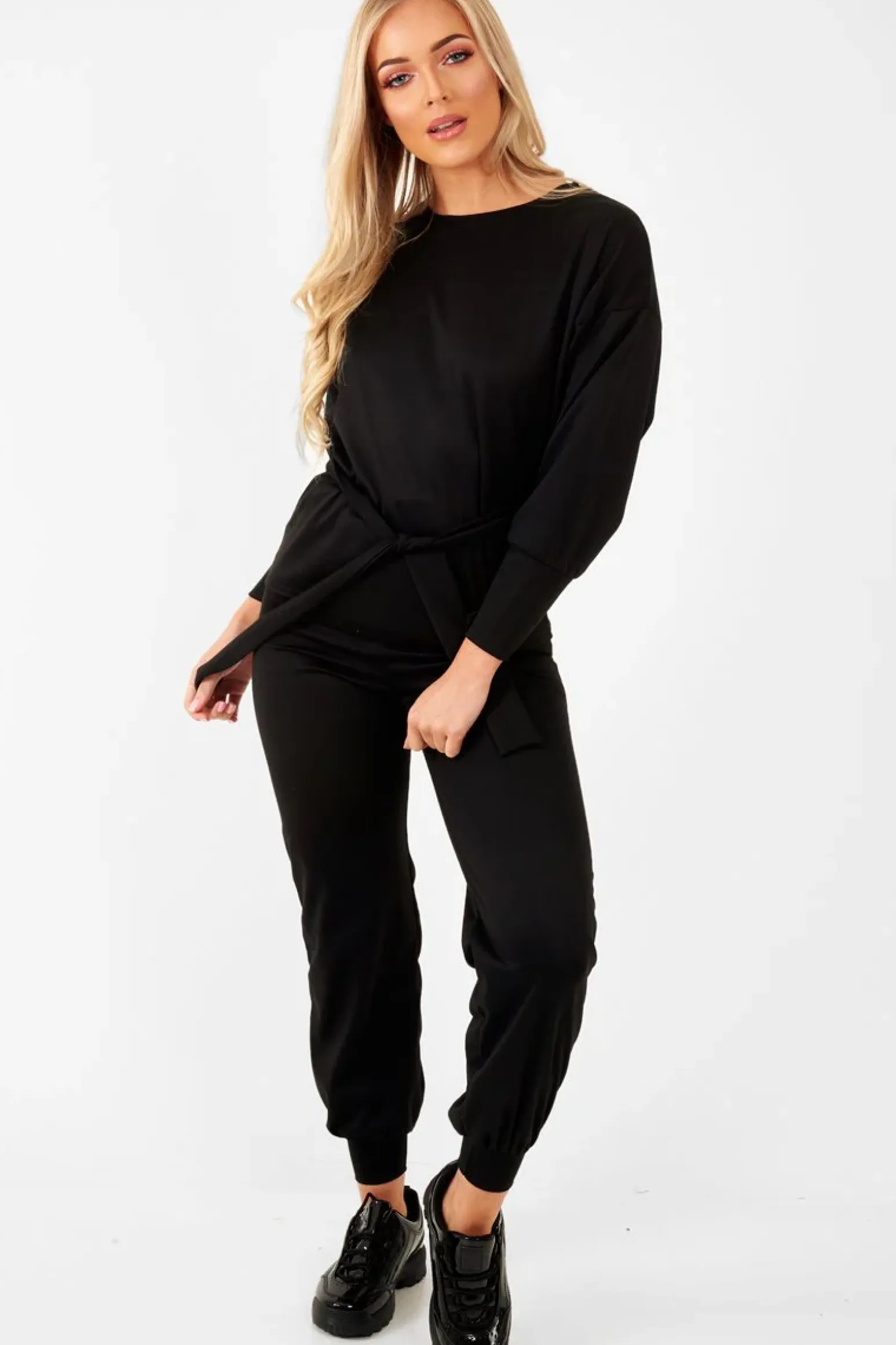 Rebellious Fashion Black Tie at Waist Tracksuit - Sammie