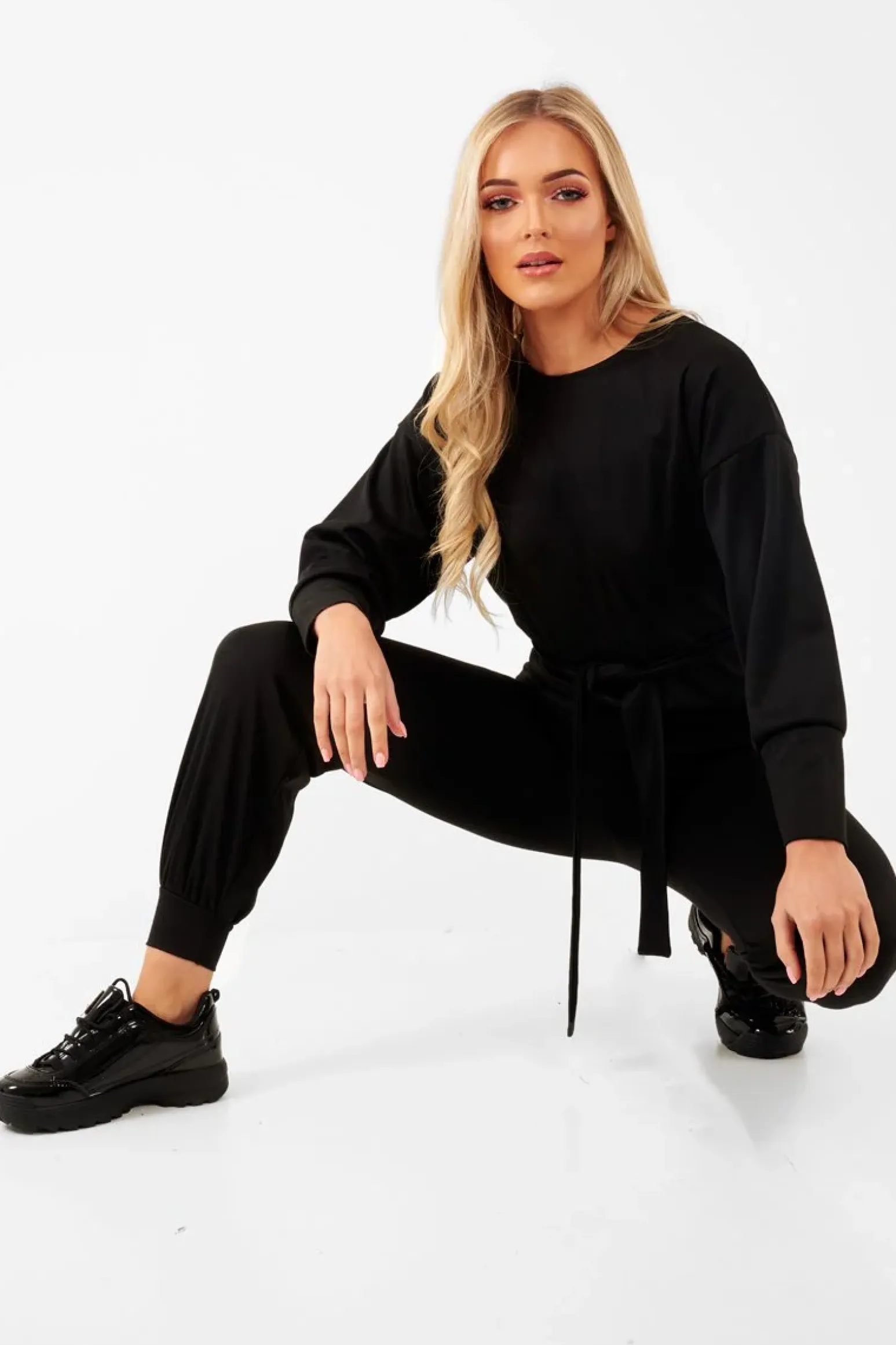 Rebellious Fashion Black Tie at Waist Tracksuit - Sammie