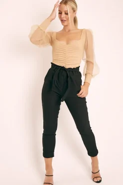 Rebellious Fashion Black Tie Belt Paperbag Waist Trousers - Jaylea