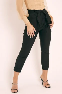 Rebellious Fashion Black Tie Belt Paperbag Waist Trousers - Jaylea