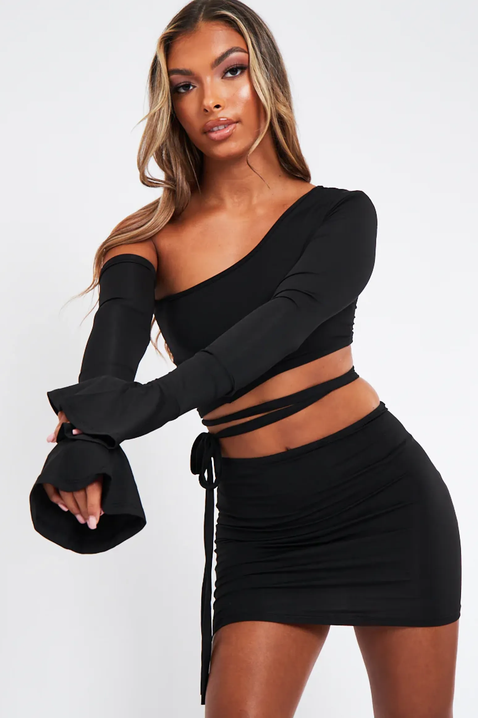 Rebellious Fashion Black Tie Crop Top And Cut Out Mini Skirt Co-Ord - Cassi