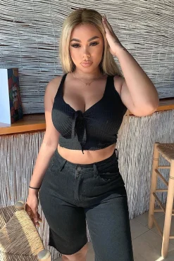 Rebellious Fashion Black Tie Detail Extreme Cropped Top - Trista