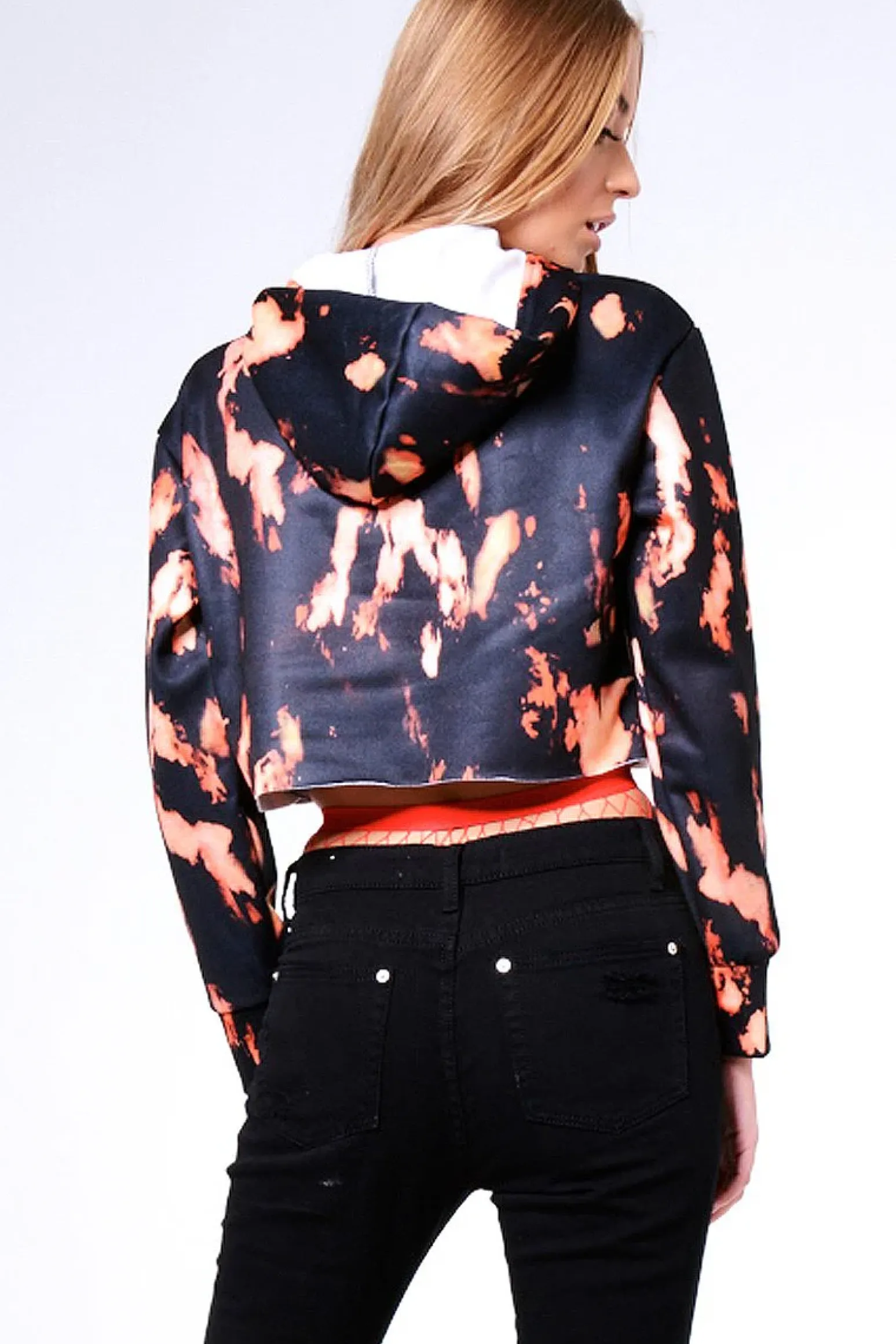Rebellious Fashion Black Tie Dye Cropped Champion Graphic Hoodie - Lauren