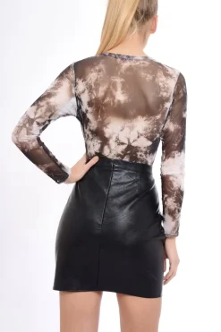 Rebellious Fashion Black Tie Dye Mesh Lace Up Bodysuit - Luella