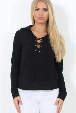 Rebellious Fashion Black Tie Front Blouse - Becky