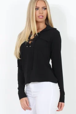 Rebellious Fashion Black Tie Front Blouse - Becky
