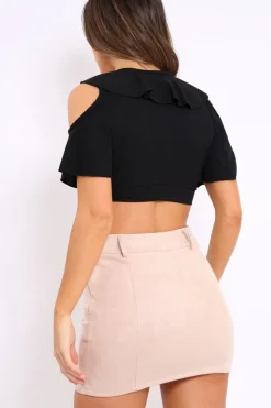 Rebellious Fashion Black Tie Front Cold Shoulder Crop Top - Ellinor