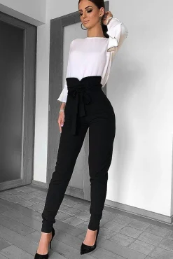 Rebellious Fashion Black Tie Front Crepe Cigarette Trousers - Ryanne